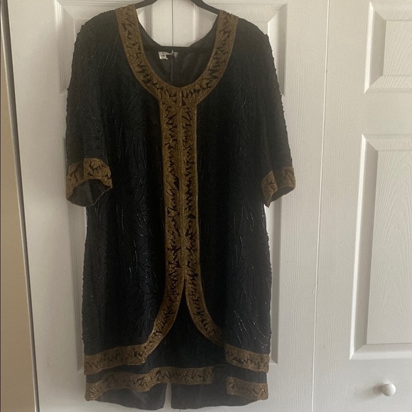 Briliante JA Silk Fully Beaded tunic dress Gold And Black Dress Size L  Vintage